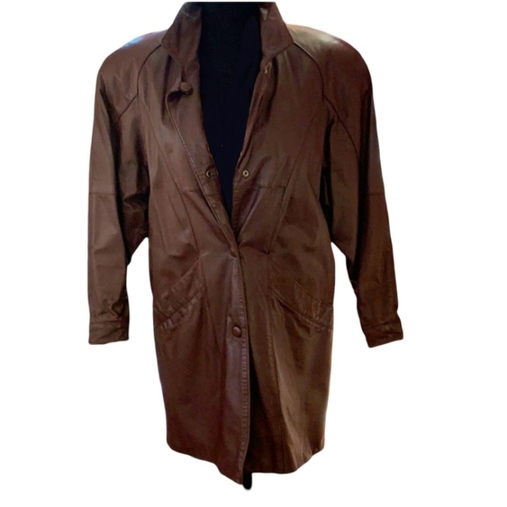 Vintage Brown Leather Trench Coat Jacket Pelle Cuir 80's Thinsulate Liner Sz SM